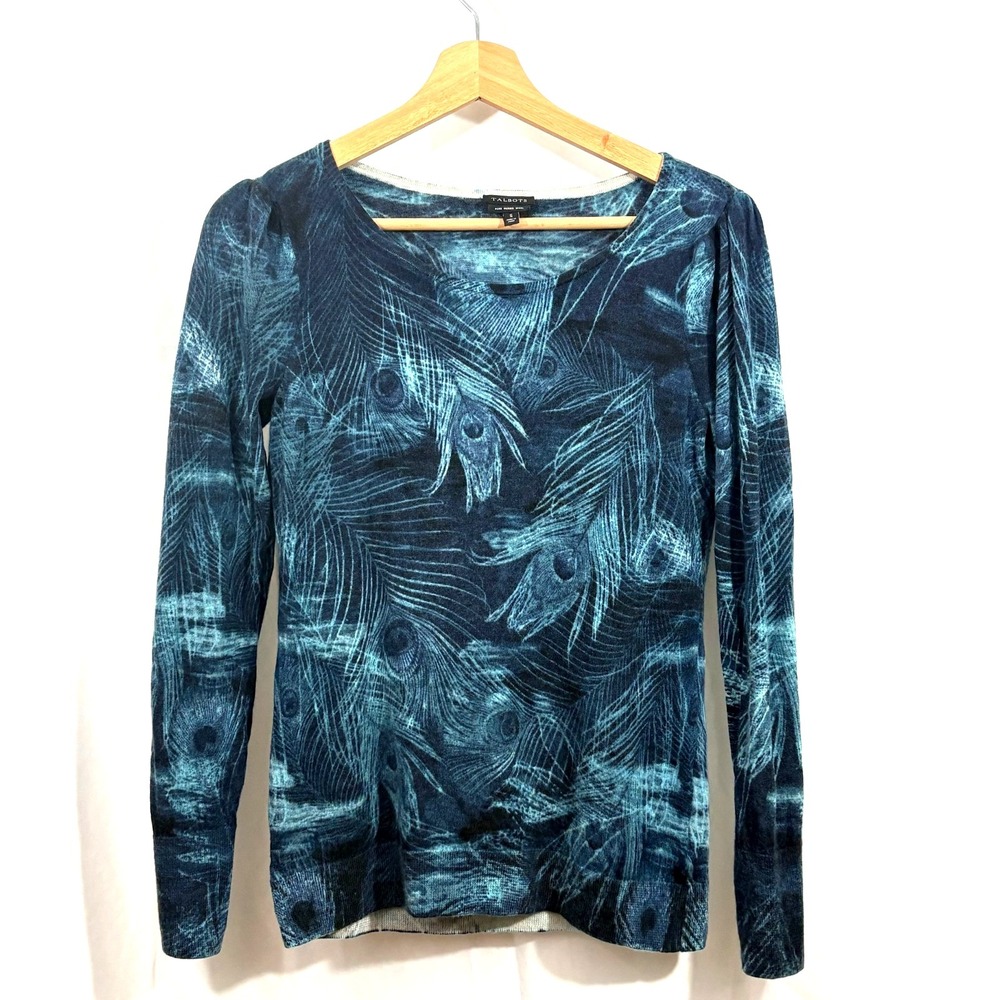 Talbots Women's Merino Wool Blue Sweater Peacock Feather Puff Sleeve, Size‎ S